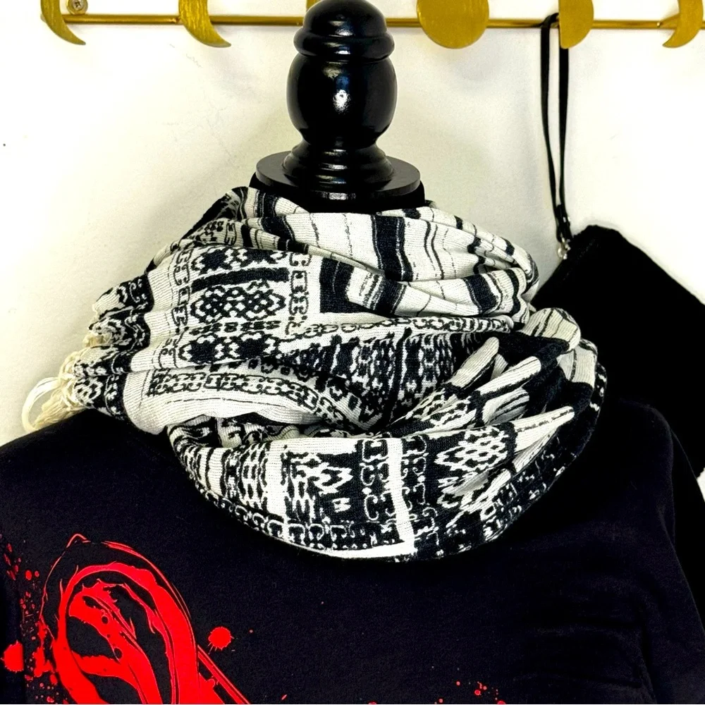 Black White Geometric Boho Oversized Fringe Scarf Wrap 45x50